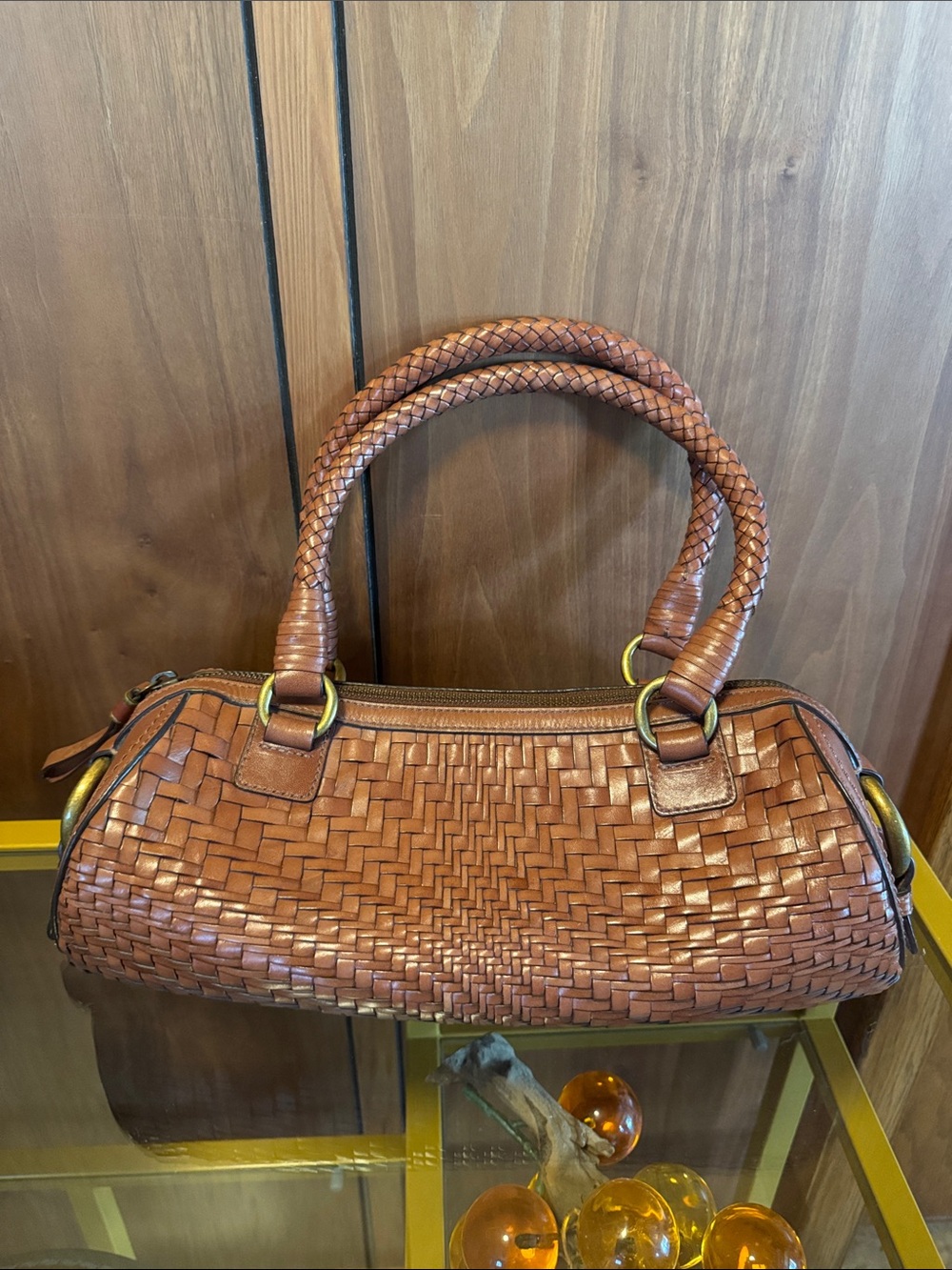 Cole Haan Woven Satchel in Cognac